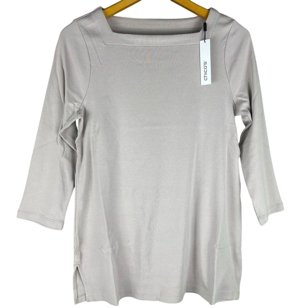 CHICOS Womens Square Neck Tunic 3/4 Sleeve Tan Sz M (Chico 1) 100% Pima Cotton